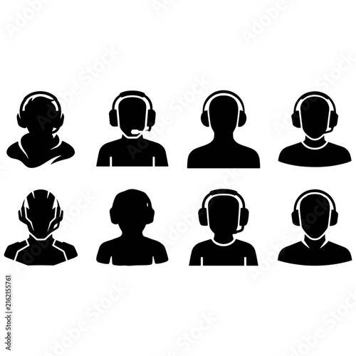 Set of black customer service operator icons with people wearing headsets for support center