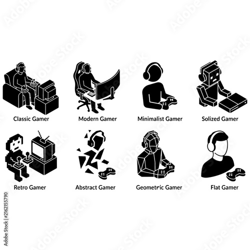 Set of black and white icons showing different types of people playing video games at home