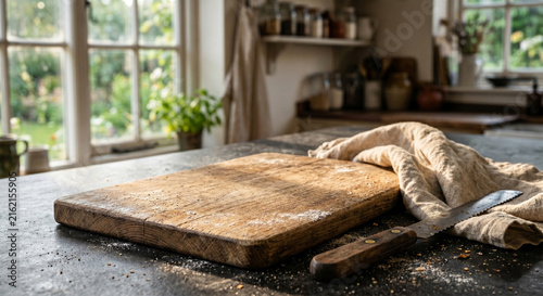 Empty vintage wooden cutting board on rustic kitchen counter with bread knife and linen napkin background template for food product placement
