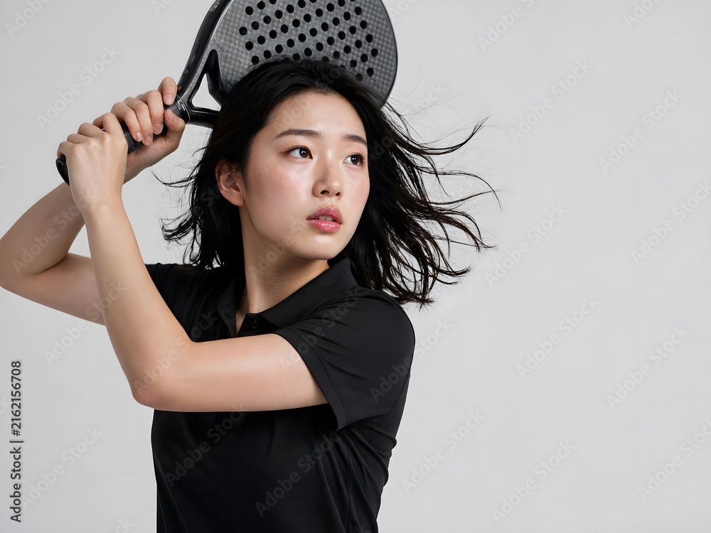 Fototapeta premium Young athletic woman holds a padel racket for a powerful swing