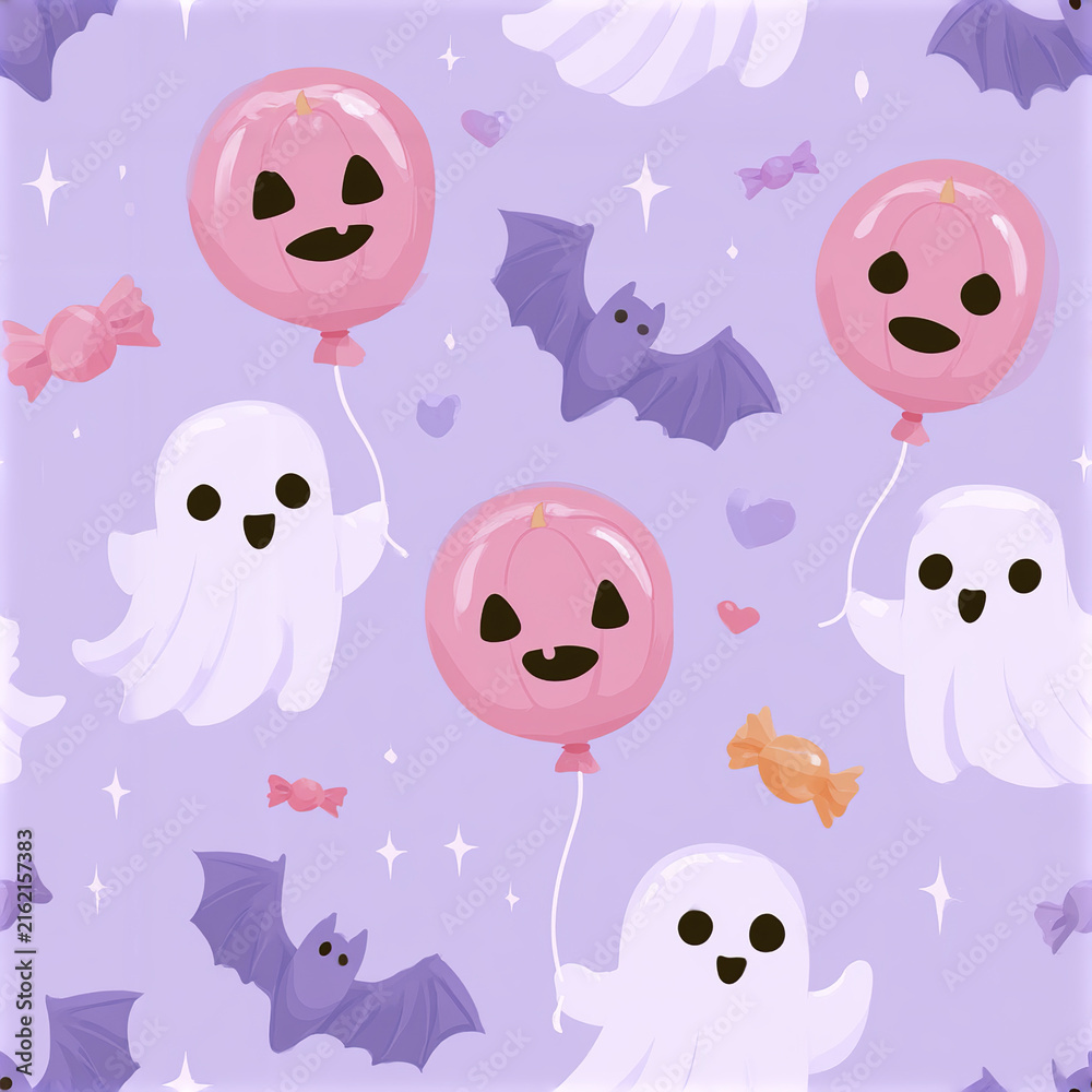 Obraz premium Pastel Halloween pattern with floating ghosts holding pink pumpkin balloons and purple bats on soft purple background