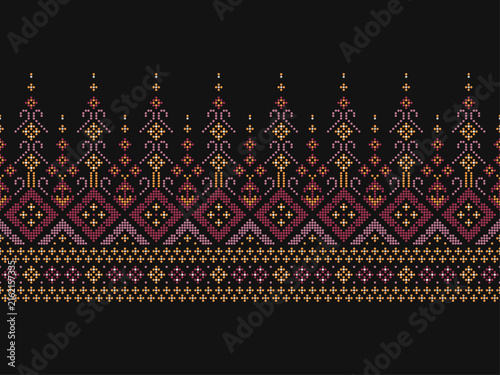 Seamless ethnic pattern with intricate pixel dots forming geometric tribal motifs on a dark background. Perfect for textile print, fabric, borders, and folk decorative design.