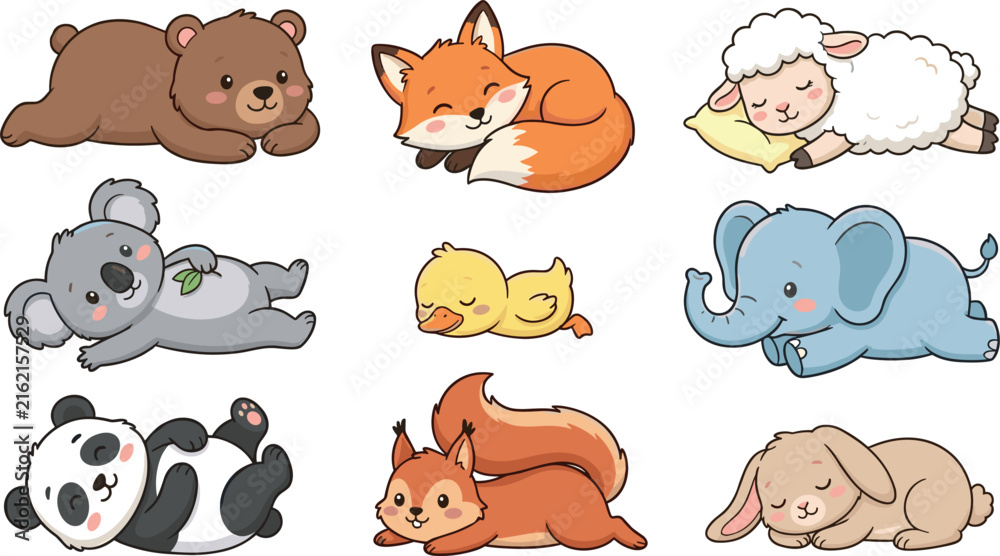 Fototapeta premium Cute Kawaii Sleeping Animals and Nap Time Vector Illustration Set Featuring Bear Fox Sheep Koala Duck Elephant Panda Squirrel and Bunny Characters