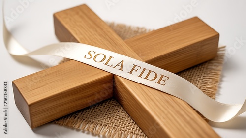 A wooden cross with a 'Sola Fide' inscribed ribbon draped across it, resting on a burlap texture.