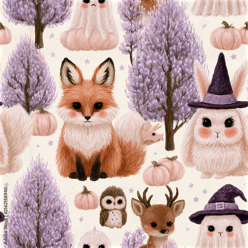 Naklejka premium Pastel Halloween woodland pattern with rosy cheeked foxes, rabbits witch hats, pumpkins, deer, owl, and purple trees creating