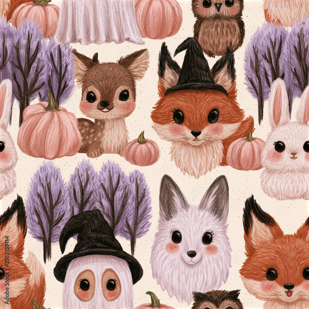 Naklejka premium Pastel Halloween woodland pattern with rosy cheeked foxes, deer, owl, rabbit, ghost, pumpkins, and purple trees in soft colors