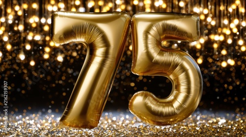 Golden number 75 balloons with sparkling lights and glittery background for anniversary or milestone celebration party decoration concept