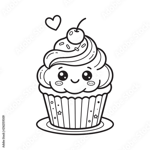 Fotografía Kawaii cupcake coloring page with smiling face, cherry, and heart
