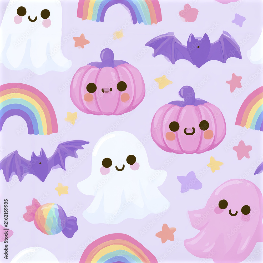 Fototapeta premium Pastel Halloween pattern with smiling ghosts, purple bats, pink pumpkins, rainbows, and colorful stars creating cheerful