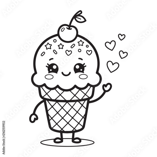 Fotografía Kawaii ice cream cone character with cherry and hearts coloring page