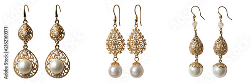 Set of Pair of ornate gold filigree dangle earrings featuring smooth teardrop pearls on transparent png background. Ai generated