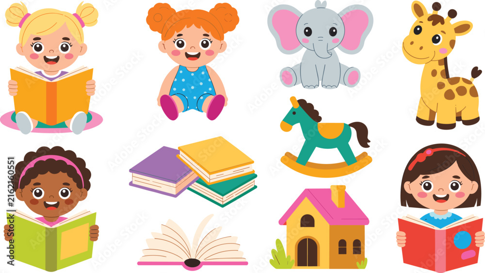 Fototapeta premium Cute Kindergarten Kids and Toys Vector Set with Diverse Toddler Girls Reading Books, Stuffed Elephant, Giraffe, Rocking Horse, and Toy House