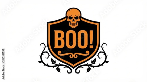 Halloween emblem with a skull and the text boo isolated on white