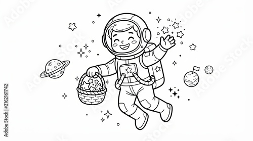 Cute cartoon astronaut child holding a basket of stars in space