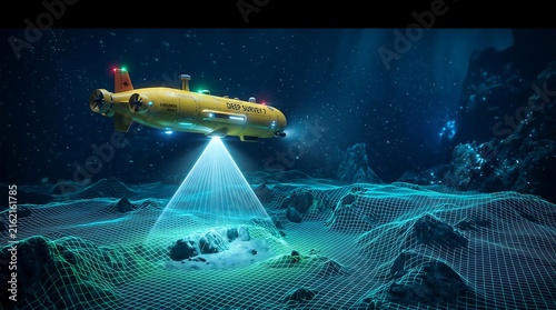 Yellow autonomous underwater vehicle scanning the dark ocean floor with laser light beams.