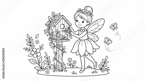 Cute little fairy girl decorating a wooden birdhouse with flowers