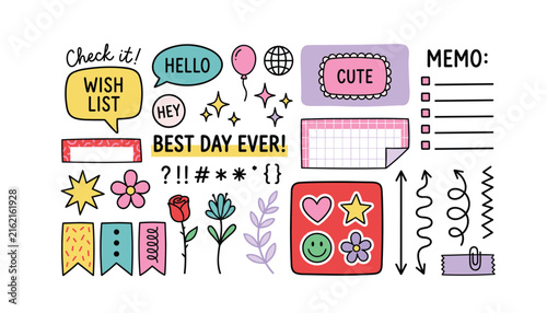 Cute bullet journal planner sticker collection featuring creative hand drawn notes . Including speech bubbles, grid paper memo pads, checklist ribbons, smiley badges, stars