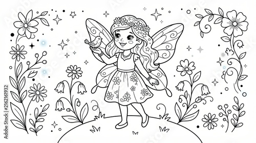 Cute little fairy girl with a bird in a flower garden coloring page