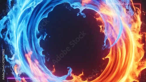 Circular fire and ice swirl within neon light frame.
