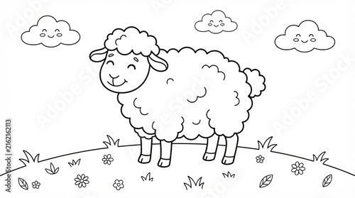 Cute cartoon sheep standing in a flower field for coloring page activity