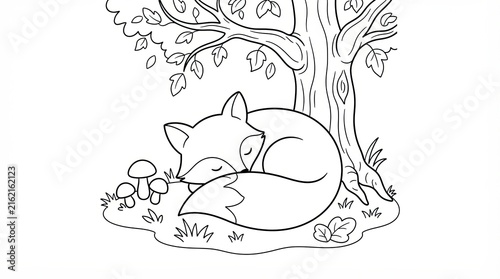 Cute little fox sleeping under a big tree coloring page for children