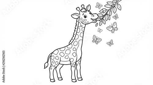 Cute cartoon giraffe eating leaves with butterflies coloring page