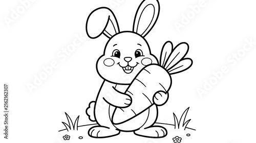 Cute happy bunny rabbit holding a large carrot for coloring book page