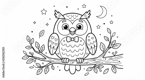 Cute cartoon owl sitting on a tree branch for coloring book page
