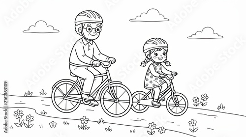 Grandfather and granddaughter riding bicycles in the park line art
