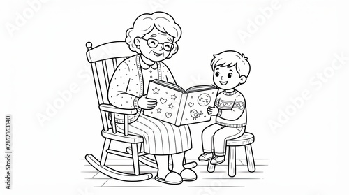 Grandmother reading a story book to her young grandson in a chair