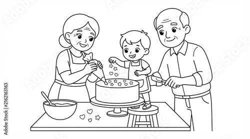 Grandparents and grandson decorating a cake for coloring book page