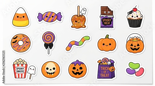 Cute halloween candy and spooky treat stickers set