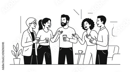 Diverse group of people standing and talking together indoors
