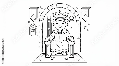 Little boy prince wearing a crown sitting on a royal throne chair