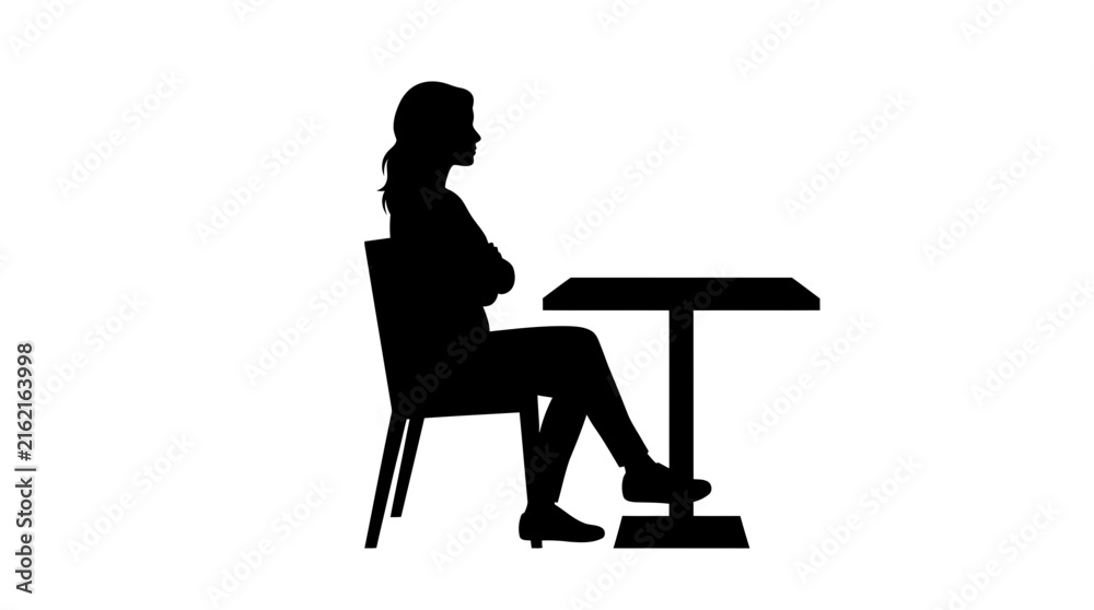Fototapeta premium Black silhouette vector illustration of woman sitting at small table with crossed arms against white background