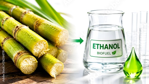 Sugarcane converting to ethanol in laboratory flask diagram