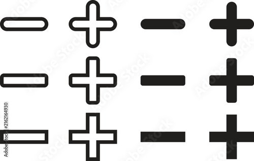 Quadro su tela Black and white line icons of plus and minus symbols on a white background