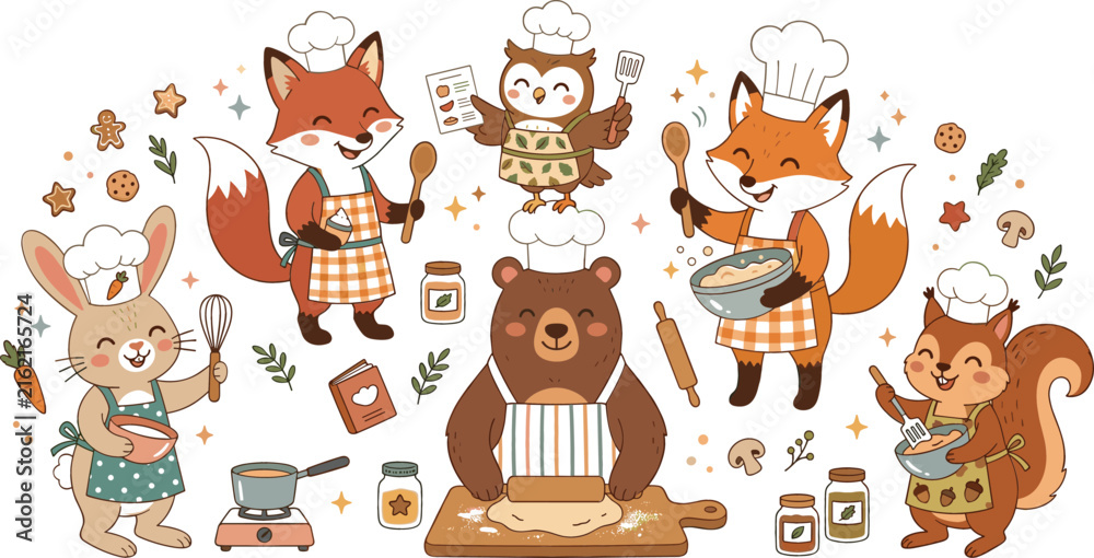 Obraz premium Cute Woodland Animals Cooking and Baking Vector Set with Cartoon Bear, Foxes, Rabbit, Owl, Squirrel Chef Characters, and Kitchen Utensils for Nursery Art