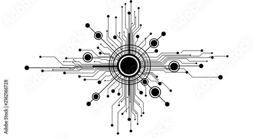 Abstract black and white circuit board design with central hub and radiating lines, symbolizing technology and connectivity.