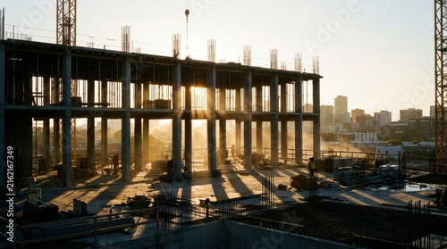 Sunlit Skyscraper Construction: A towering skyscraper under construction, bathed in the warm, golden light of sunrise, casting long shadows across the building's skeletal frame.