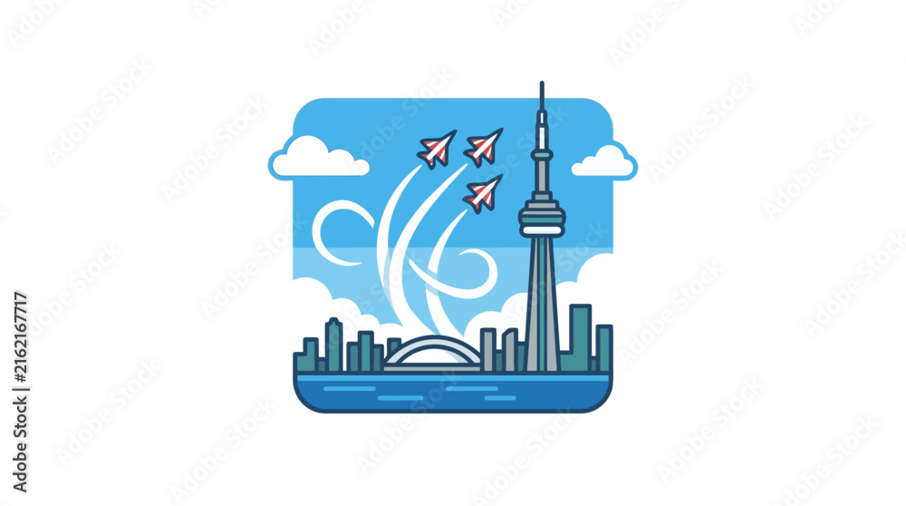 Fototapeta premium Toronto Canada skyline airshow jets flag badge emblem round logo design vector illustration