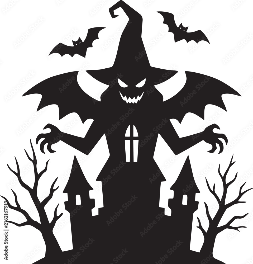 Fototapeta premium Halloween silhouette design elements set with haunted castle tower, spooky witch bat monster, dead trees and flying bats vector illustration