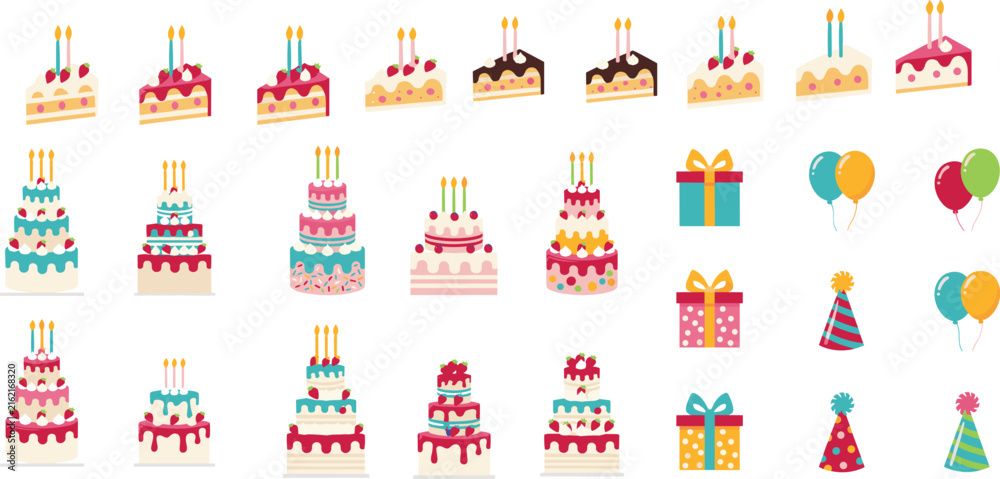 Fototapeta premium Birthday Party Celebration Elements Set with Cakes Cake Slices Gifts Balloons and Party Hats Vector Collection