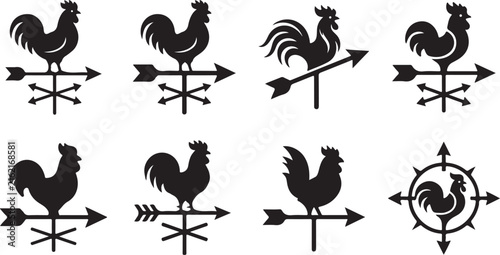 Weather vane rooster icons. Set of flat black vector weathercock symbols for design.