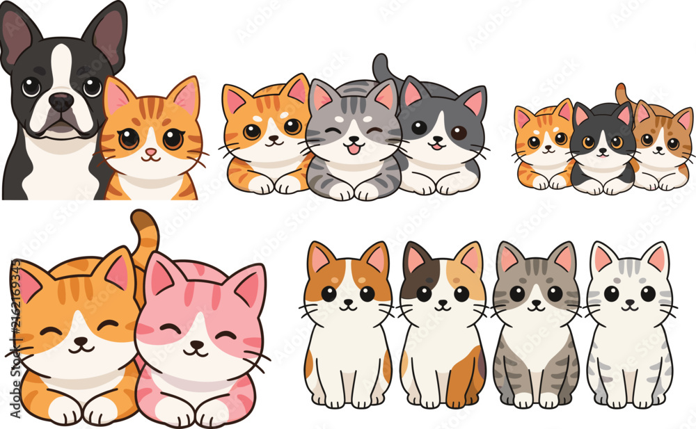 Fototapeta premium Cute Cat and Dog Character Collection with Colorful Kittens and Pets for Animal, Pet, Children and Cartoon Designs
