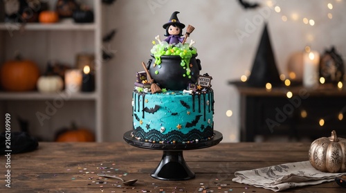 A whimsical two-tier Halloween cake featuring a bubbling cauldron, a cute witch, bats, and spooky decorations on a teal base.