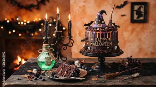 Festive Halloween chocolate drip cake with a witch hat topper, green potion, and lit candles on a rustic wooden table by a cozy fireplace.