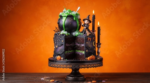 An elaborate two-tier Halloween cake featuring a bubbling cauldron, a witch figurine, and festive decorations against an orange background.