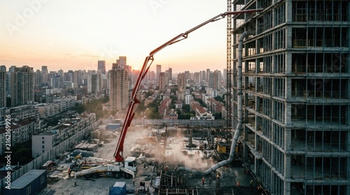 Urban Construction Project: An aerial view captures a towering skyscraper under construction at sunset, with a concrete pump truck working at the site, amidst a sprawling cityscape.