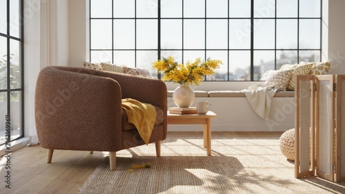 Modern cozy living room interior featuring brown boucle armchair beside sunlit window with yellow floral bouquet with bright bouquet yellow flowers